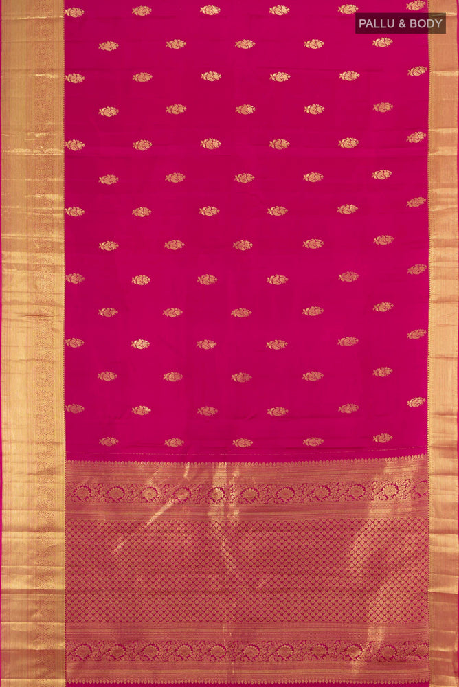 Flat view of Dark Pink Kanjivaram Silk Saree with Zari Brocade on the body and Zari Border. 