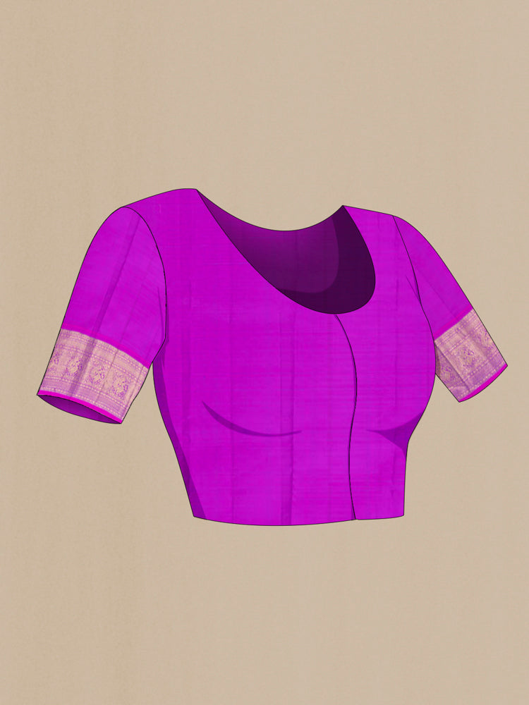 Close up image of the blouse of Dark Blue Kanchipuram Silk Saree with Zari Brocade on the body and Silk Border. 
