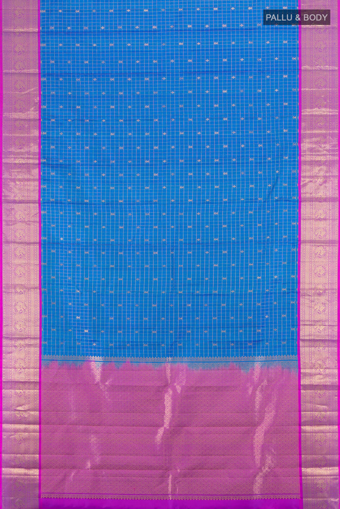 Flat view of Dark Blue Kanchipuram Silk Saree with Zari Brocade on the body and Silk Border. 