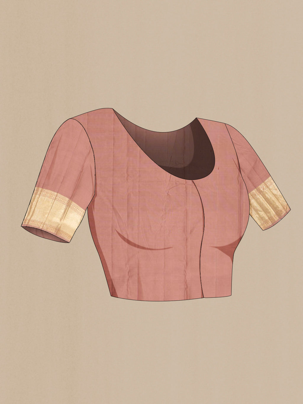 Close up image of the blouse of Rose Gold Kanjivaram Silk Saree with Zari Brocade on the body and Zari Border. 