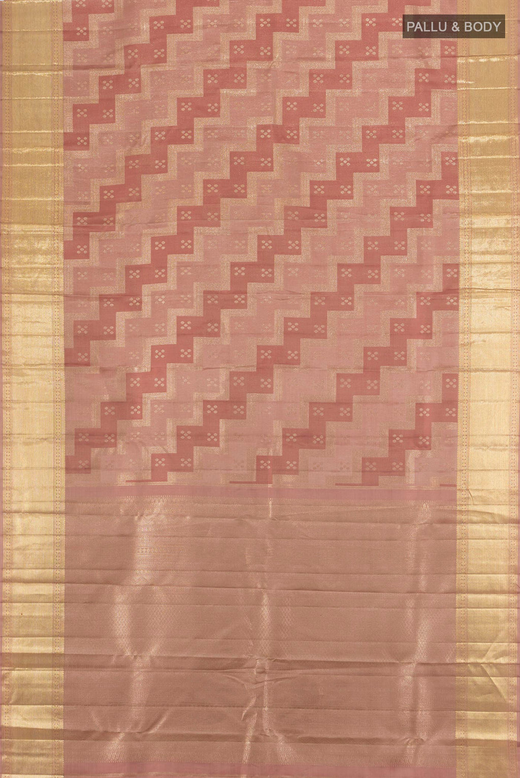 Flat view of Rose Gold Kanjivaram Silk Saree with Zari Brocade on the body and Zari Border. 