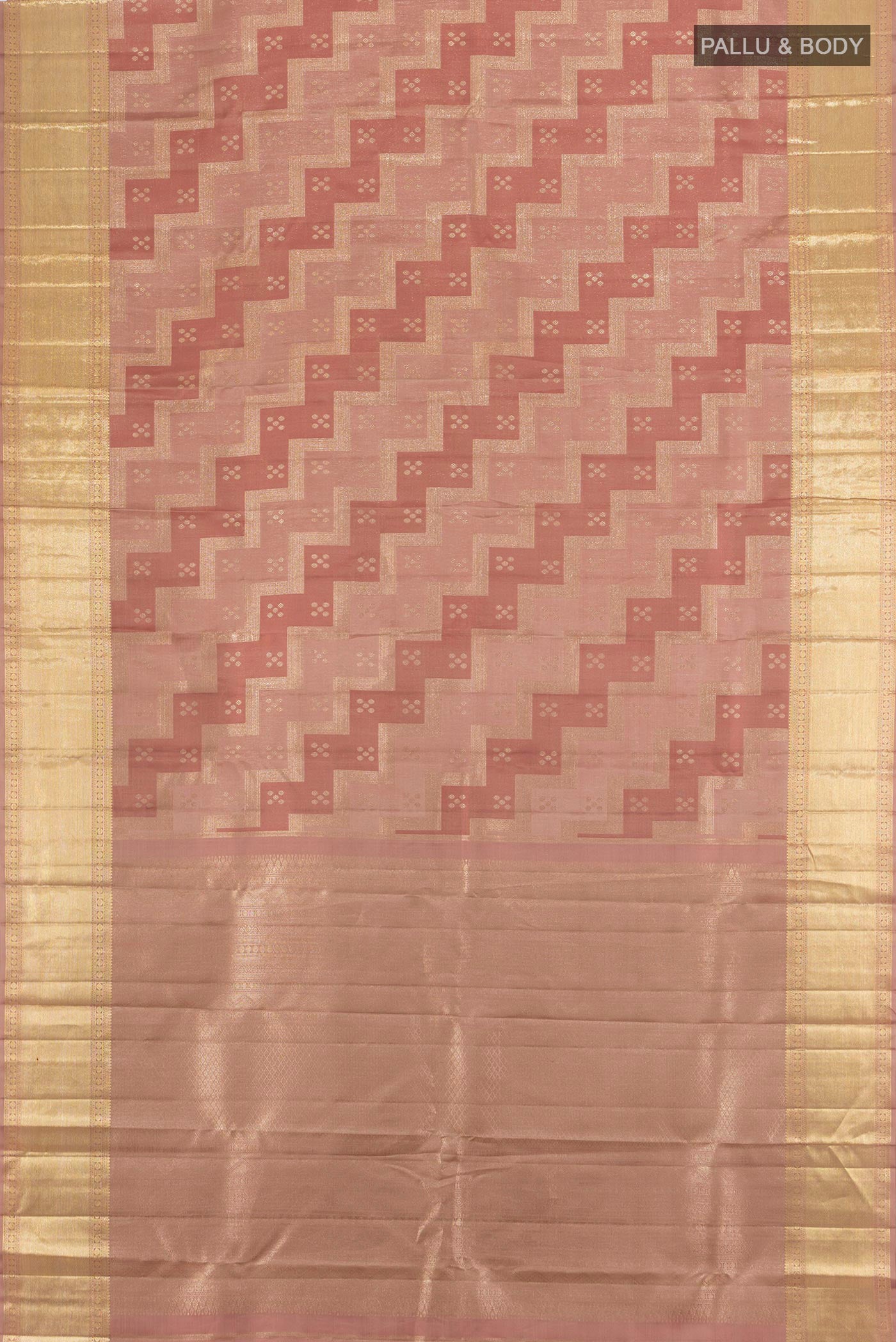 Flat view of Rose Gold Kanjivaram Silk Saree with Zari Brocade on the body and Zari Border. 