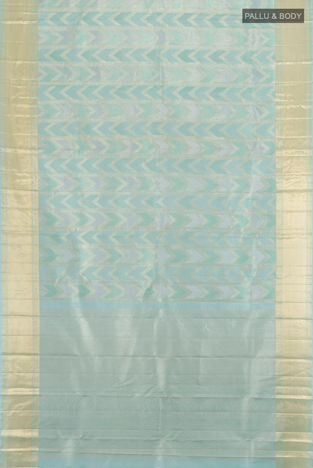 Flat view of Light Blue Kanjivaram Silk Saree with Zari Brocade on the body and Zari Border. 
