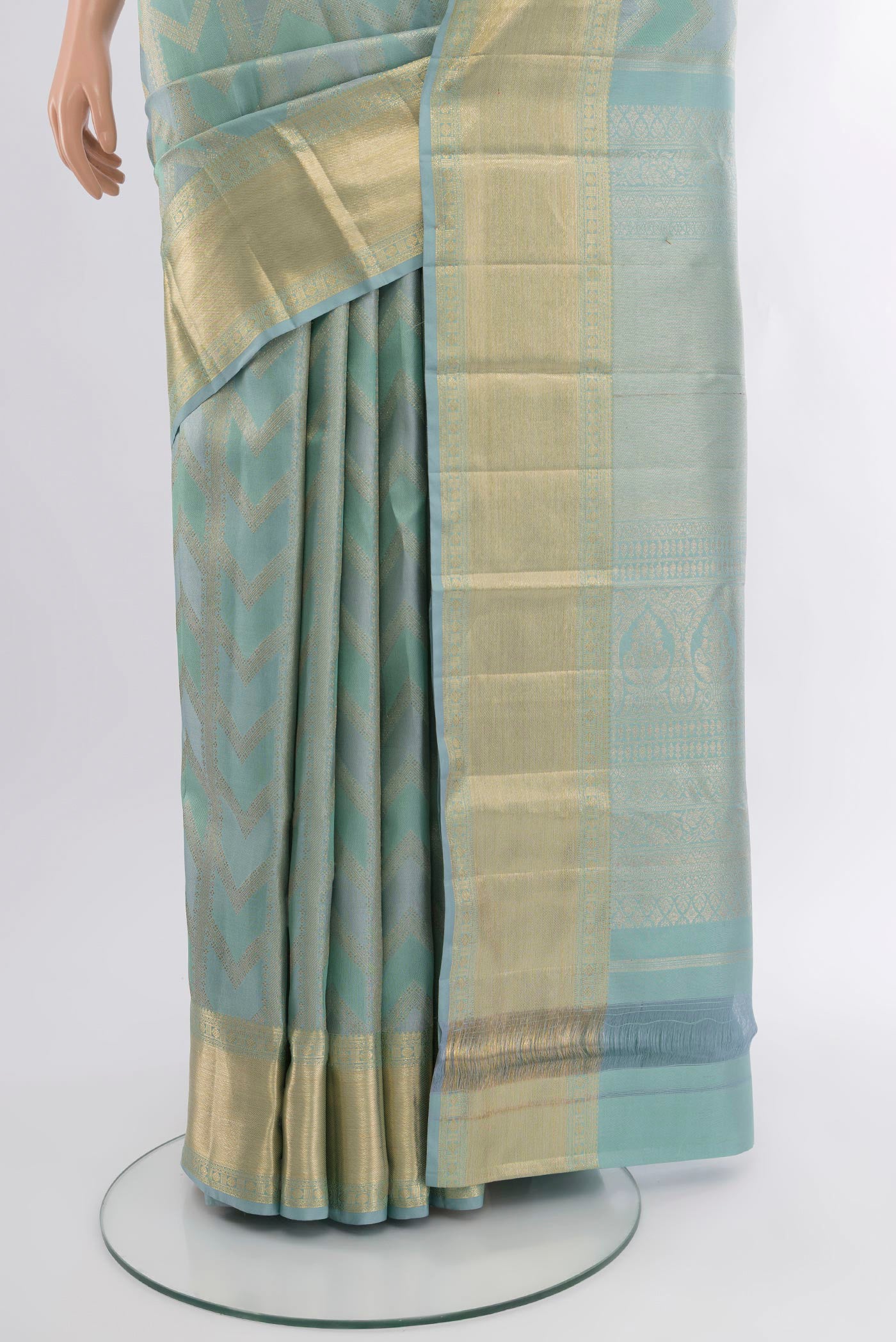 Pleats and pallu of Light Blue Kanjivaram Silk Saree with Zari Brocade on the body and Zari Border. 