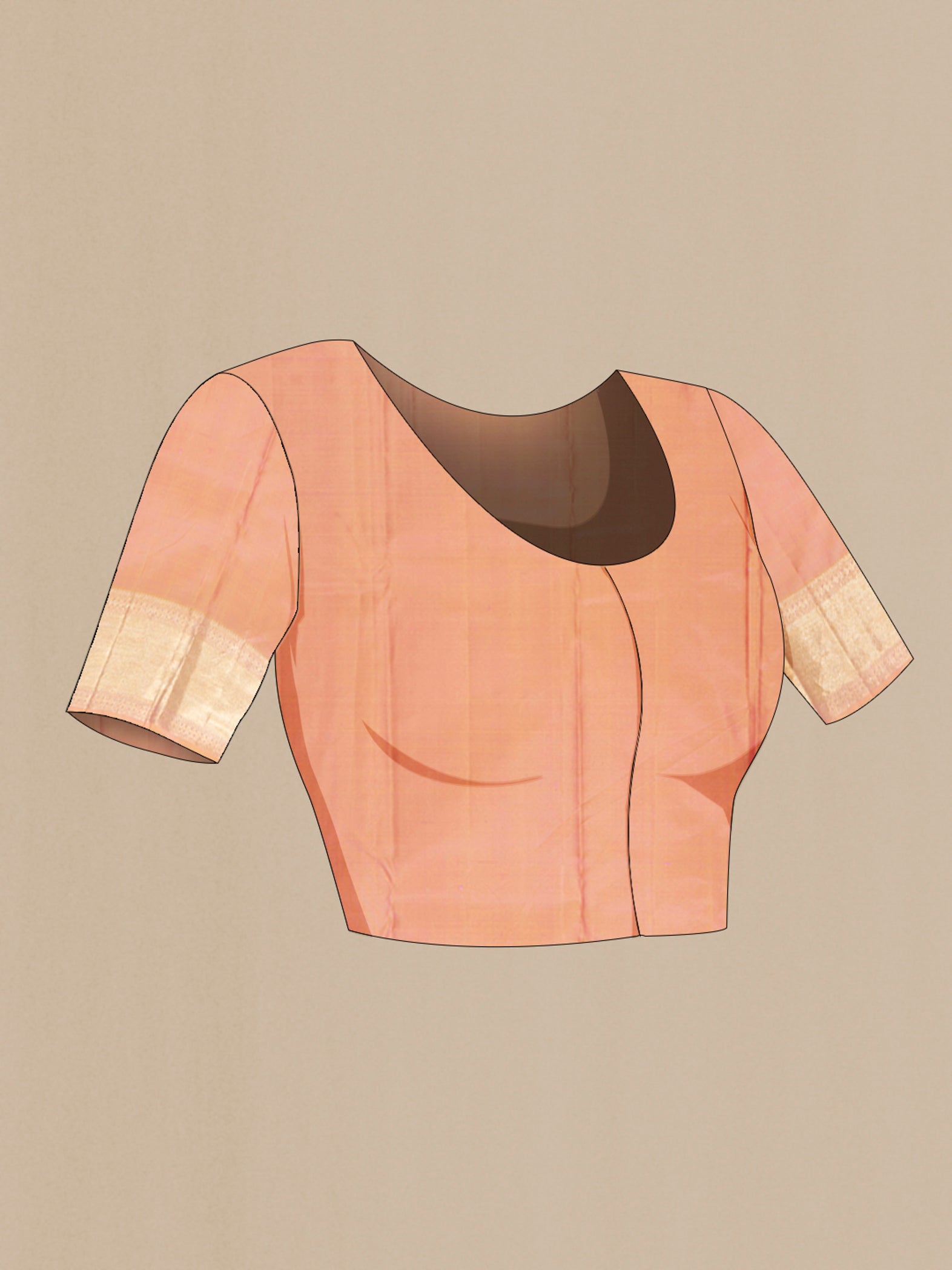 Close up image of the blouse of Peach Kanjivaram Silk Saree with Zari Brocade on the body and Zari Border. 