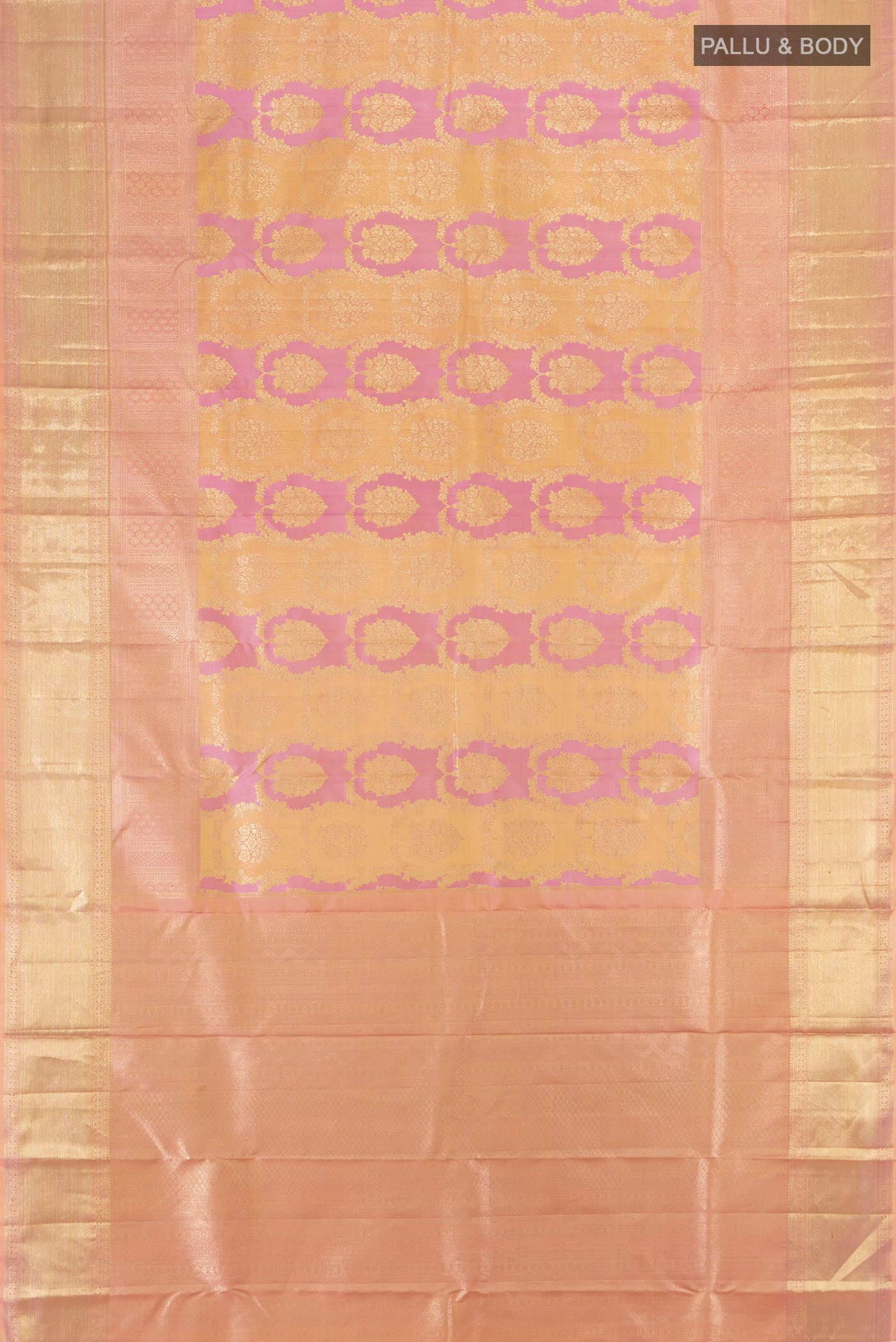 Flat view of Peach Kanjivaram Silk Saree with Zari Brocade on the body and Zari Border. 
