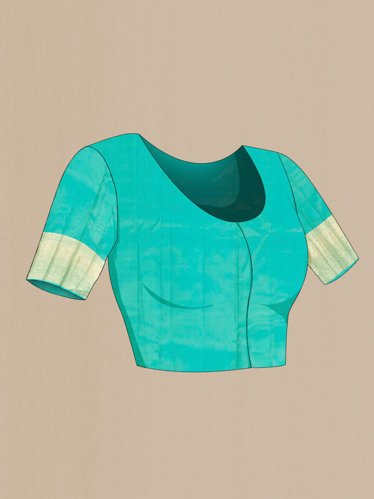 Close up image of the blouse of Sky Blue Kanjivaram Silk Saree with Zari Butta on the body and Silk Border. 
