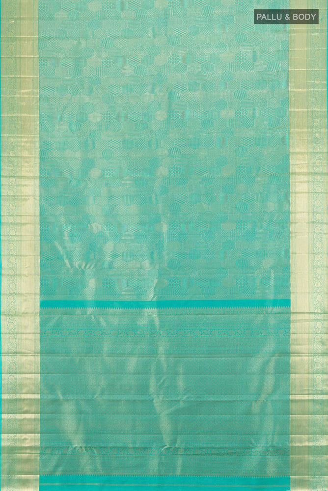 Flat view of Sky Blue Kanjivaram Silk Saree with Zari Butta on the body and Silk Border. 