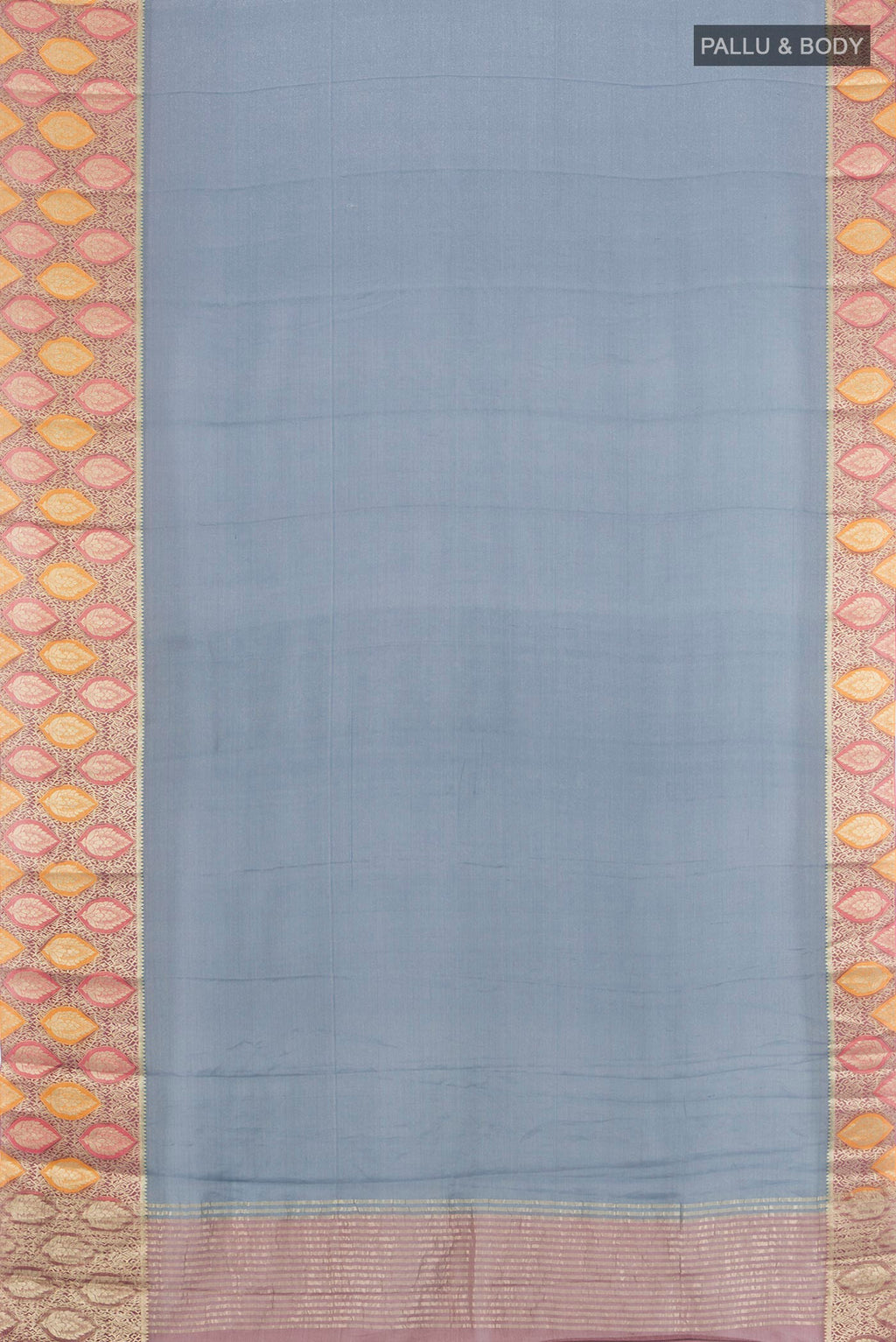 Flat view of Blue Mysore Georgette Saree with Plain Body and Zari Border. 