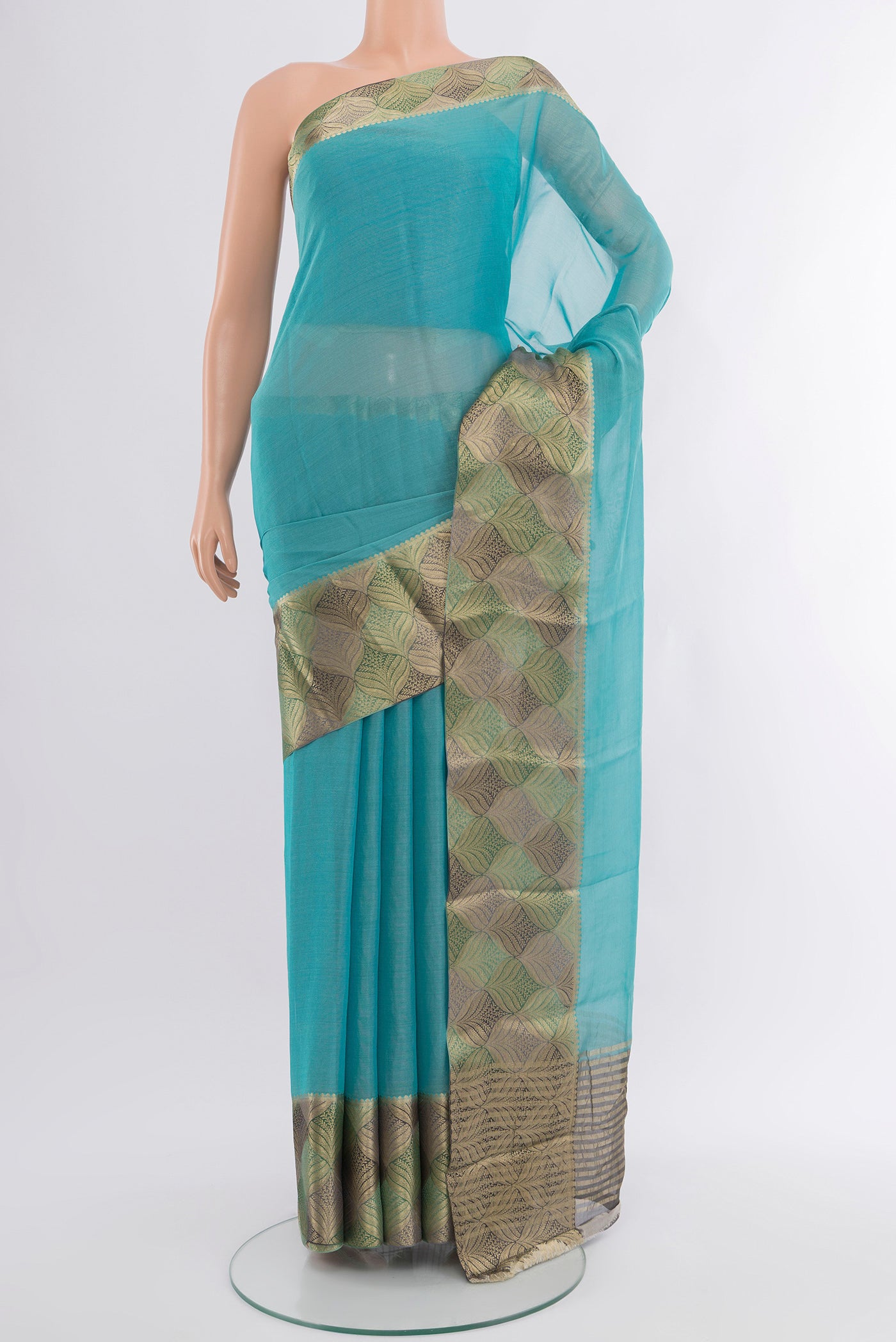 Light Blue Mysore Georgette Saree with Plain Body and Zari Border.  displayed on a mannequin