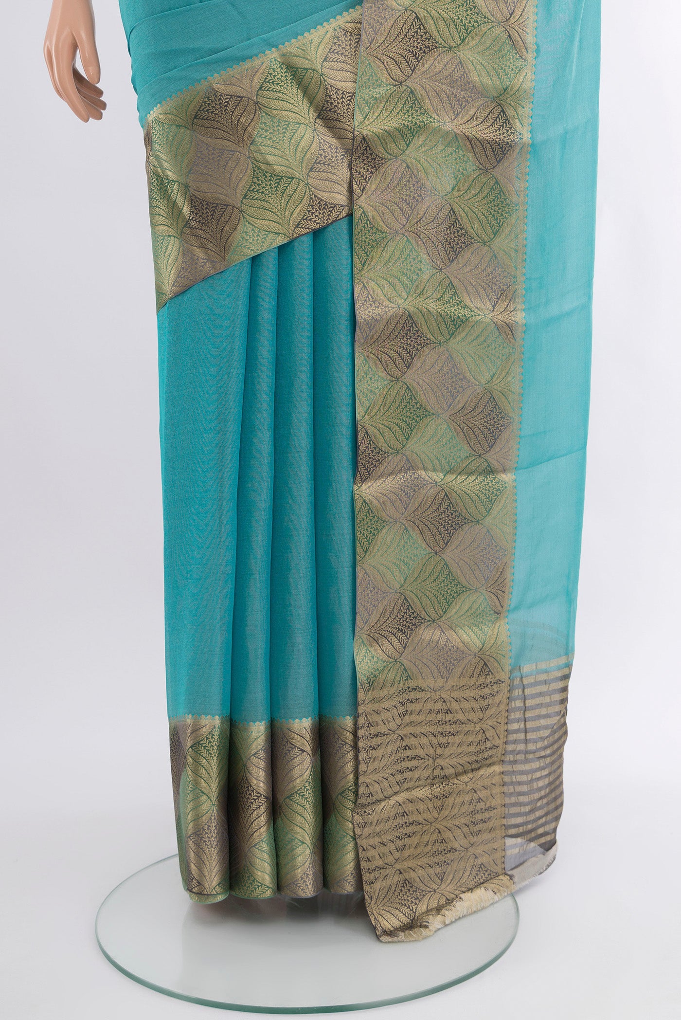 Pleats and pallu of Light Blue Mysore Georgette Saree with Plain Body and Zari Border. 