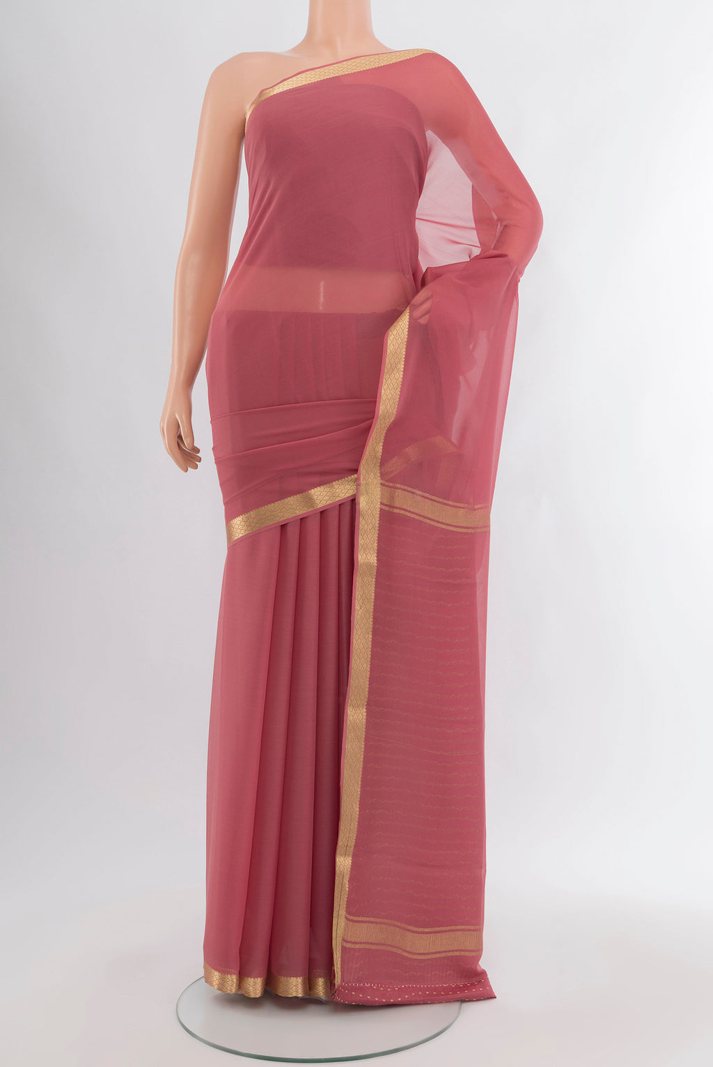 Pink Mysore Georgette Saree with Plain Body and Zari Border.  displayed on a mannequin