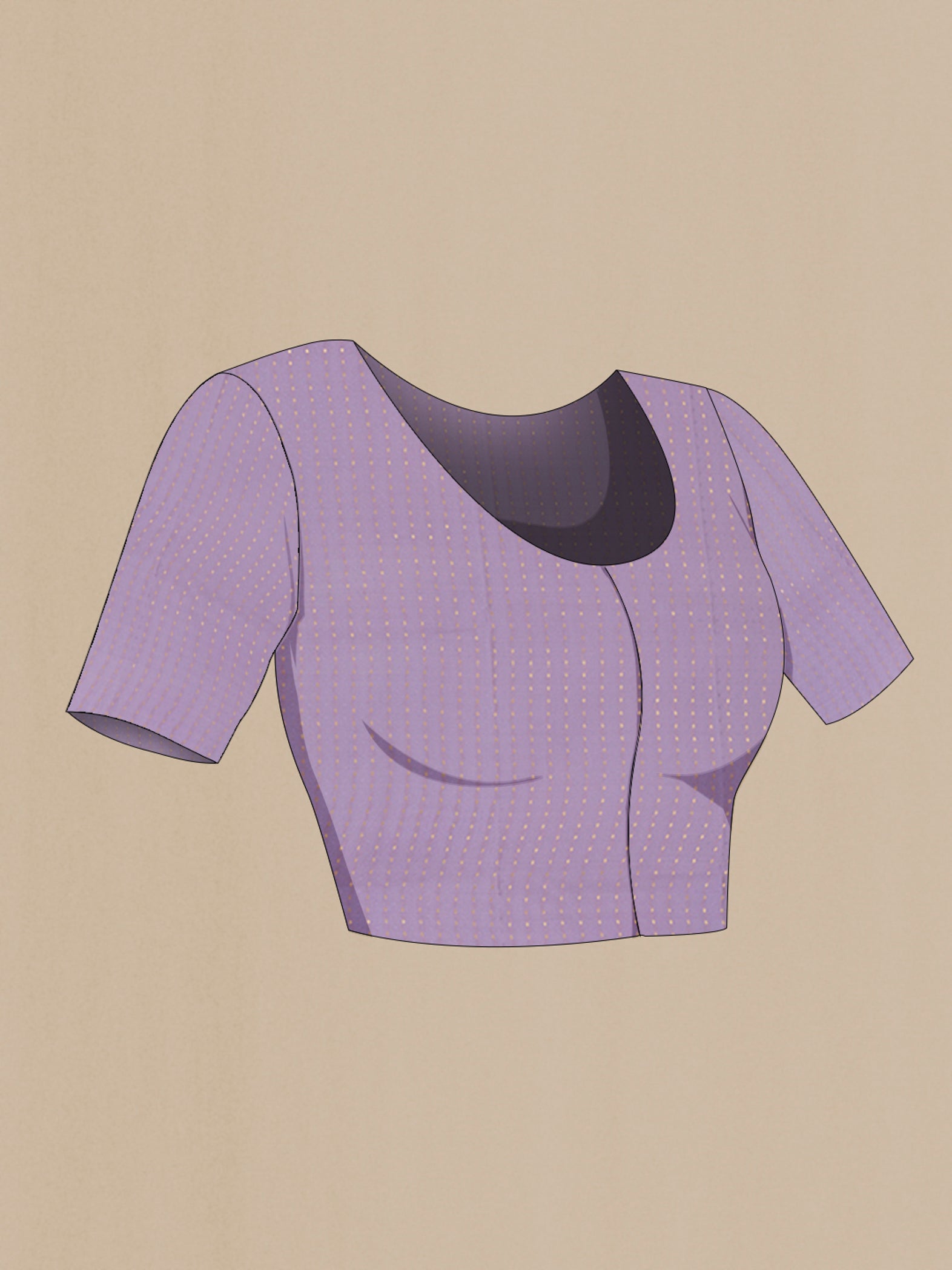 Close up image of the blouse of Lavender Mysore Georgette Saree with Plain Body and Zari Border. 