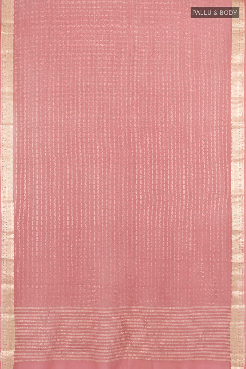 Flat view of Rose Gold Mysore Georgette Saree with Embroidery on the body and Zari Border. 