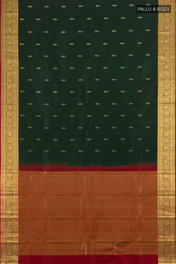 Flat view of Mint Green Kanchipuram Silk Saree with Zari Butta on the body and Silk Border. 
