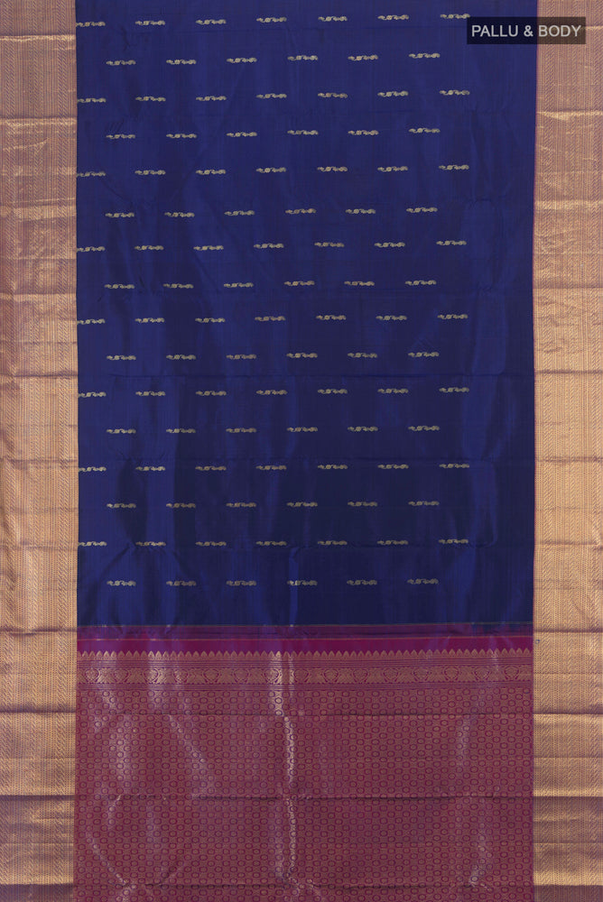 Flat view of Dark Blue Kanchipuram Silk Saree with Checked design on the body and Silk Border. 