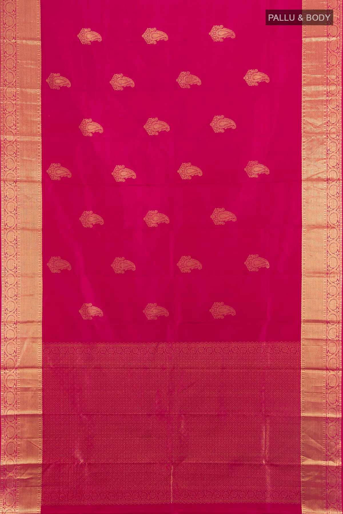Flat view of Pure Silk Dark Pink Kanchipuram Saree with Zari Butta on the body and Zari Border. 