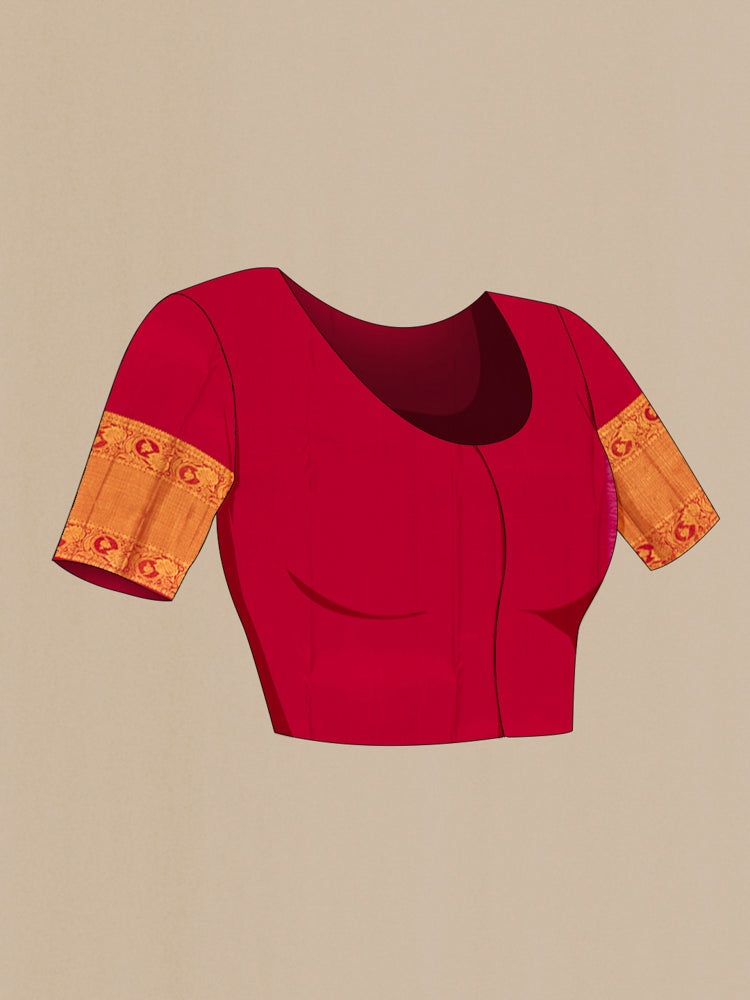 Close up image of the blouse of Maroon Kanchipuram Silk Saree with Zari Butta on the body and Silk Border. 