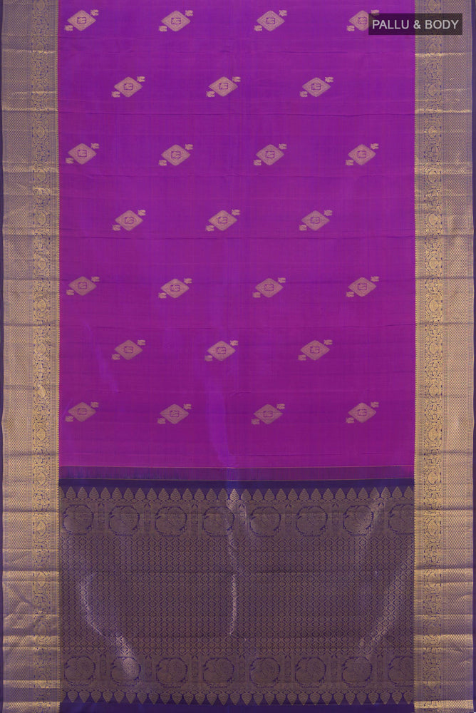 Flat view of Purple Kanchipuram Silk Saree with Zari Brocade on the body and Silk Border. 