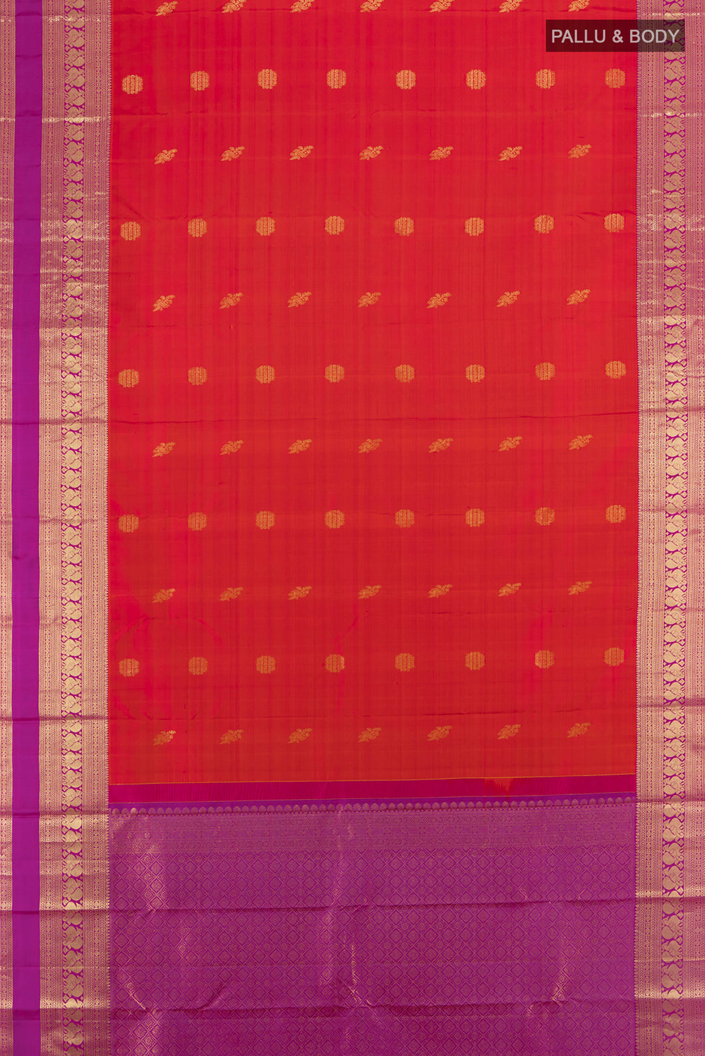 Flat view of Peach Kanjivaram Silk Saree with Zari Butta on the body and Silk Border. 