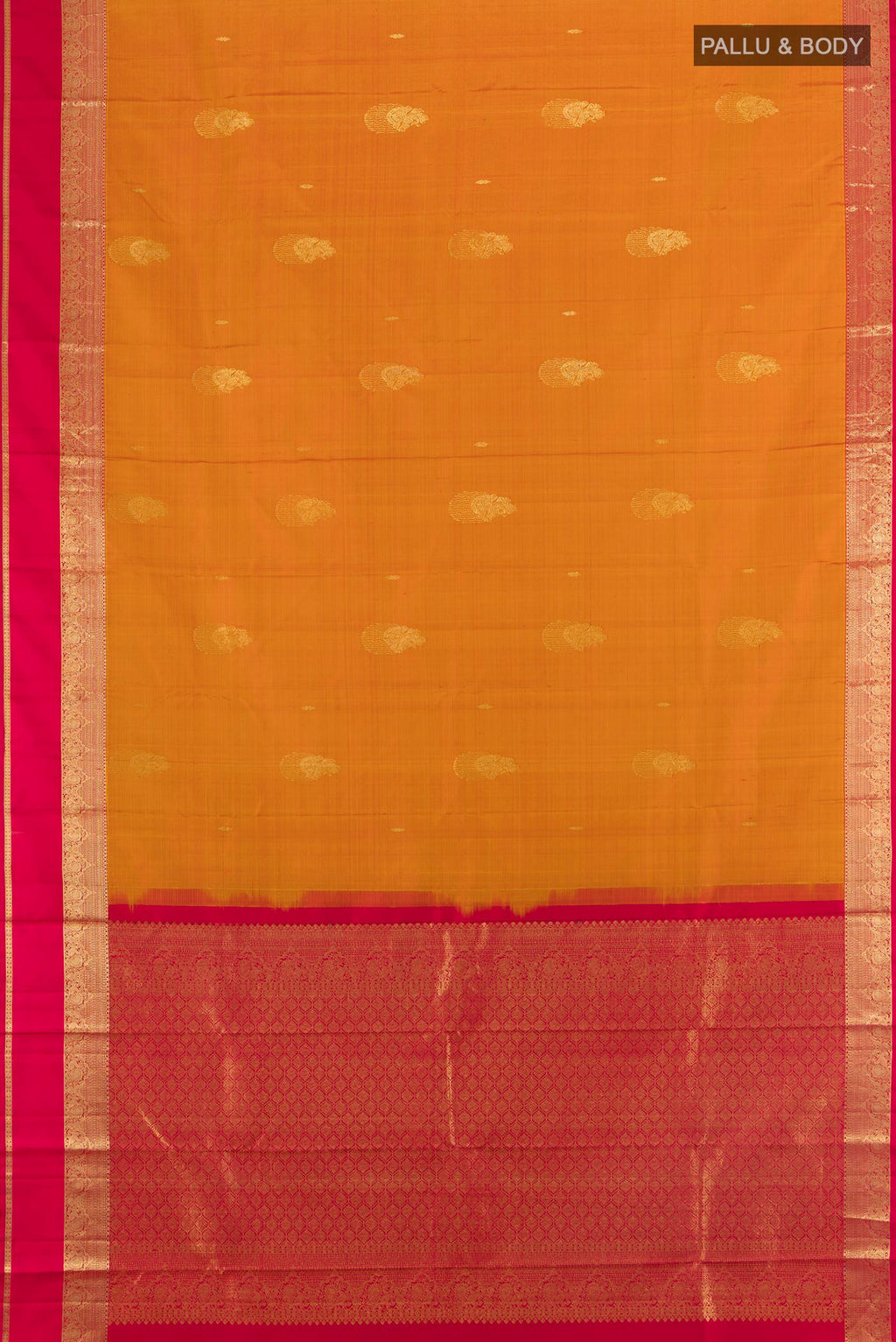 Flat view of Pure Silk Mustard Kanjivaram Saree with Zari Butta on the body and Zari Border. 