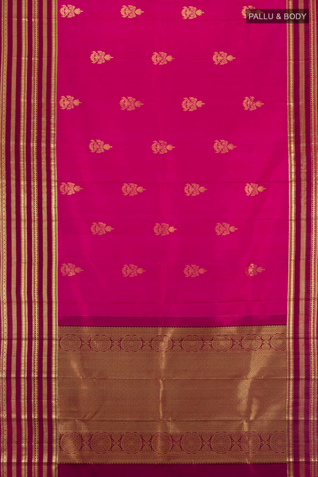 Flat view of Dark Pink Kanjivaram Silk Saree with Zari Butta on the body and Zari Border. 