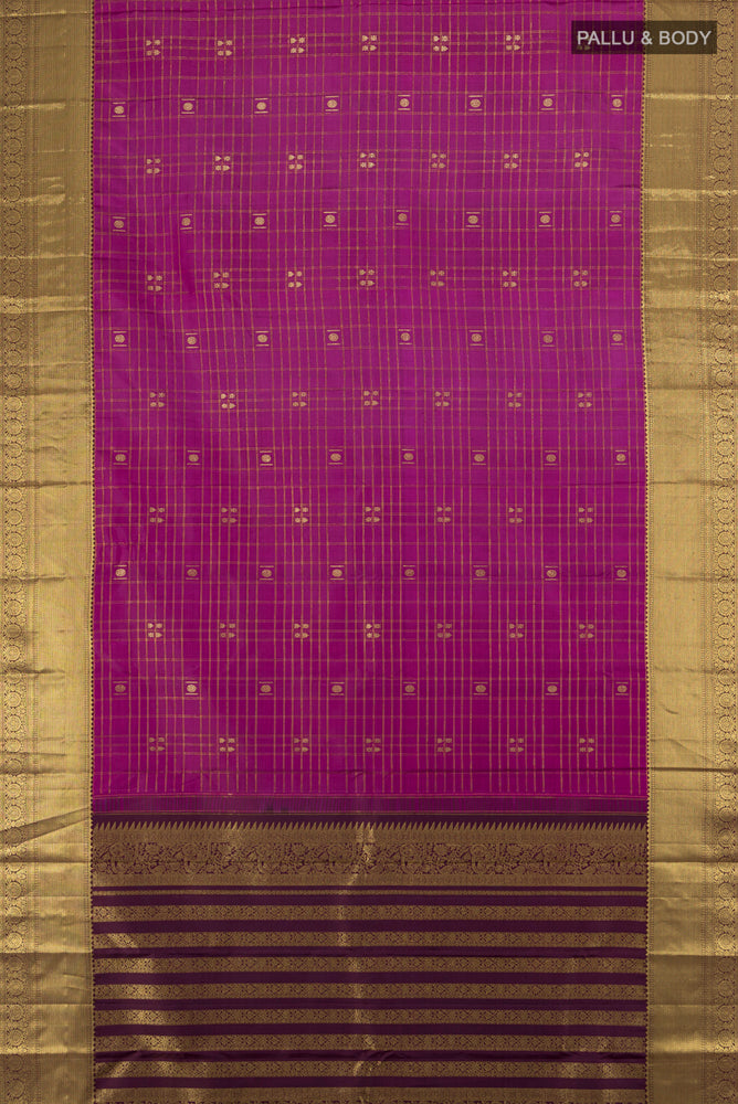 Flat view of Purple Kanjivaram Silk Saree with Zari Butta on the body and Silk Border. 