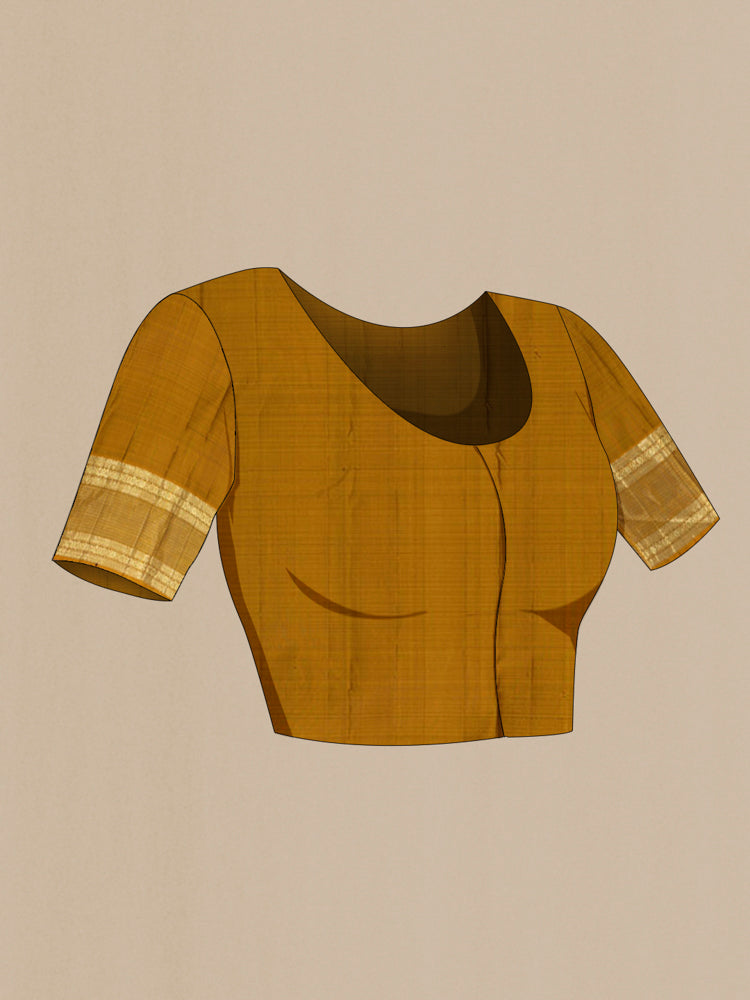 Close up image of the blouse of Coffee Brown Kanjivaram Silk Saree with Zari Butta on the body and Silk Border. 