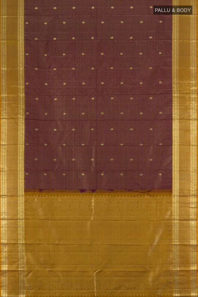 Flat view of Coffee Brown Kanjivaram Silk Saree with Zari Butta on the body and Silk Border. 