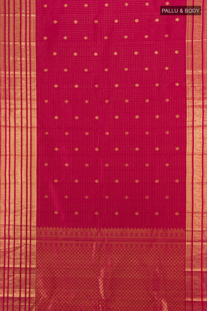 Flat view of Dark Pink Kanjivaram Silk Saree with Zari Butta on the body and Silk Border. 
