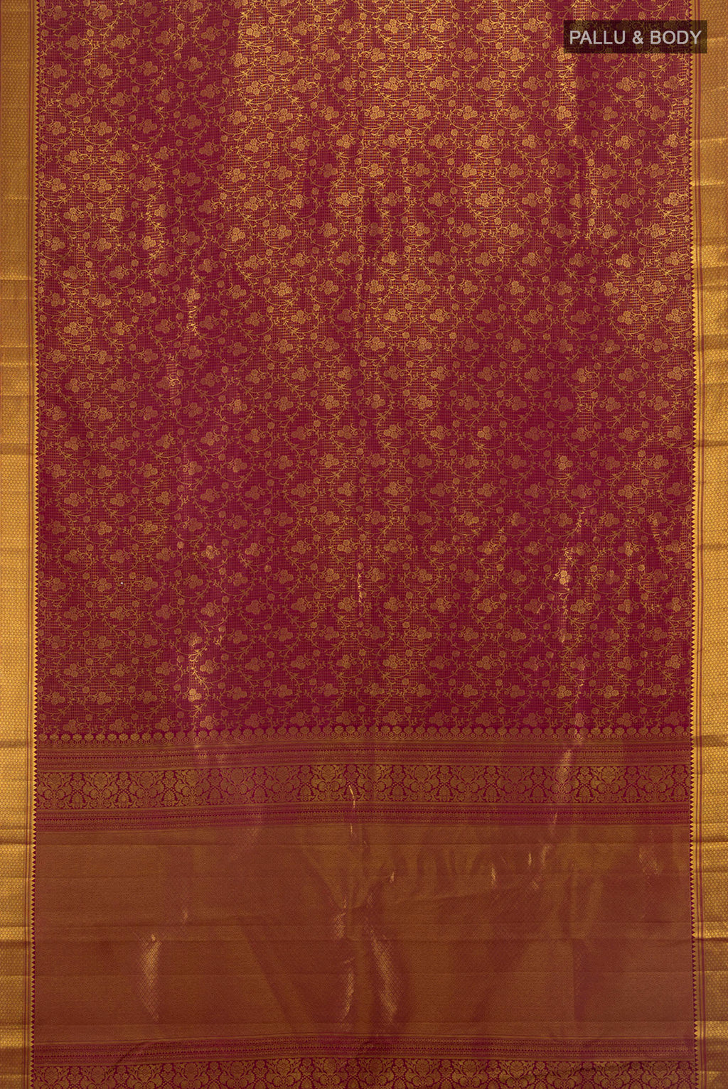 Flat view of Coffee Brown Kanchipuram Silk Saree with Zari Butta on the body and Silk Border. 