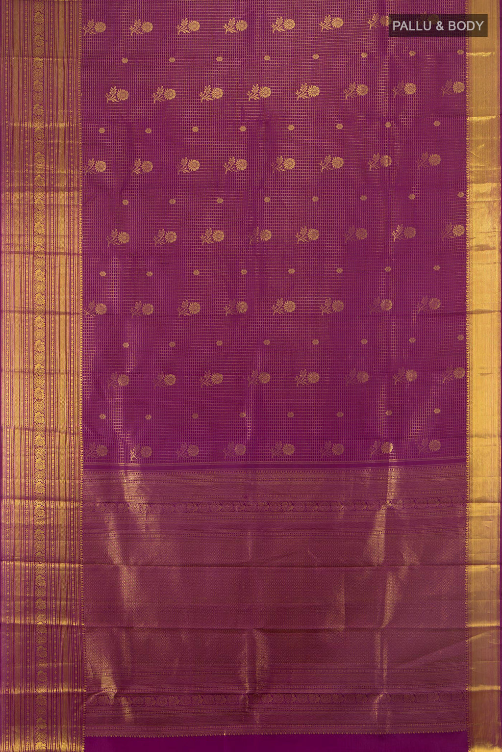 Flat view of Purple Kanchipuram Silk Saree with Zari Butta on the body and Zari Border. 