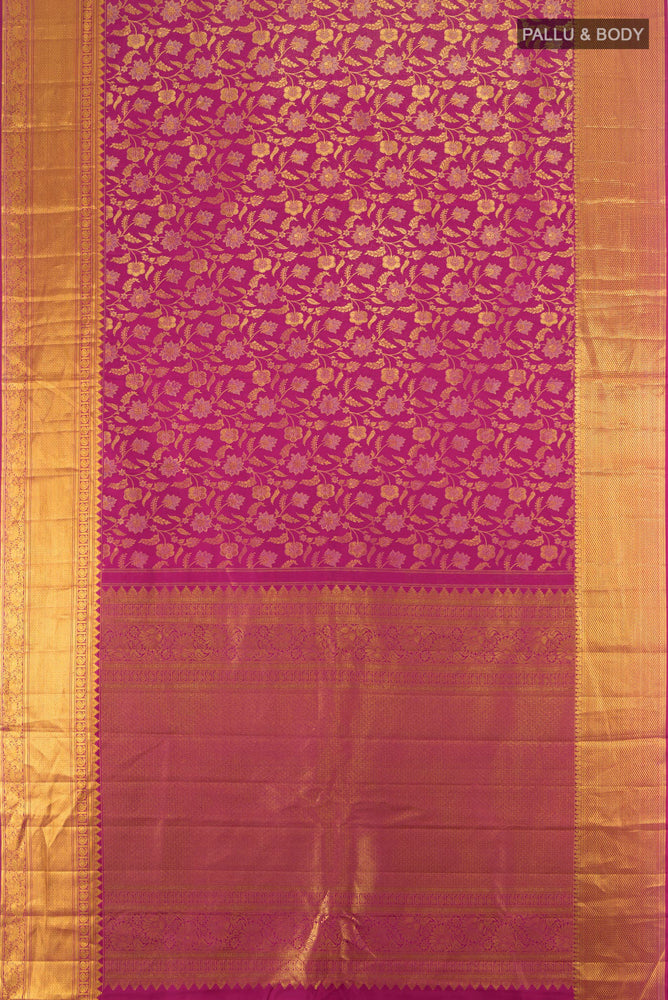 Flat view of Dark Pink Kanjivaram Silk Saree with Zari Brocade on the body and Silk Border. 