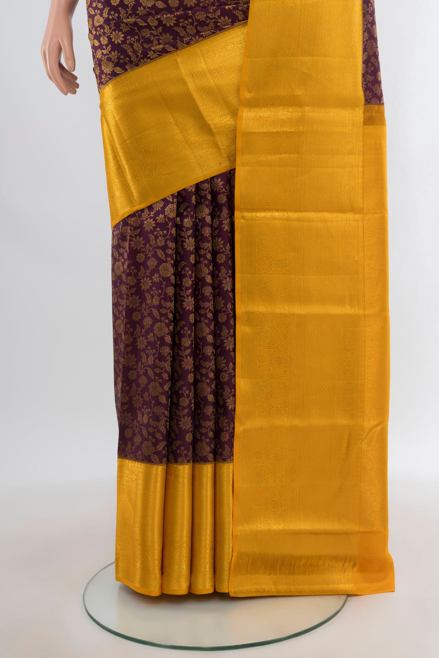 Pleats and pallu of Purple Kanjivaram Silk Saree with Zari Brocade on the body and Zari Border. 