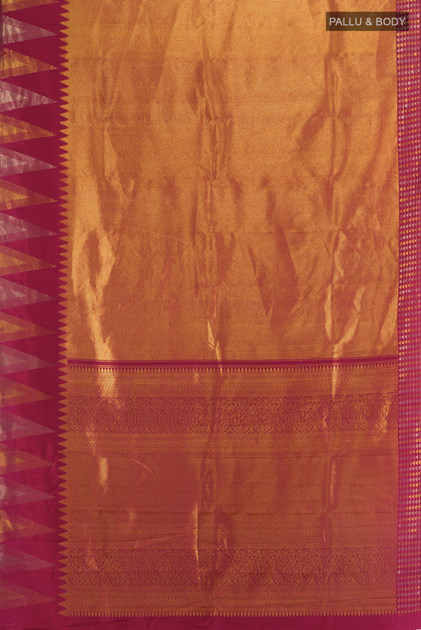Flat view of Golden Kanjivaram Silk Saree with Zari Brocade on the body and Temple Border. 