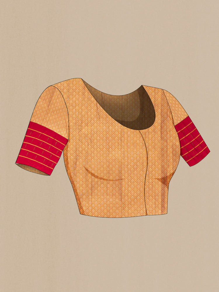 Close up image of the blouse of Golden Kanjivaram Silk Saree with Zari Butta on the body and Silk Border. 