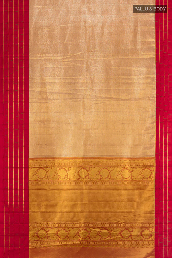 Flat view of Golden Kanjivaram Silk Saree with Zari Butta on the body and Silk Border. 