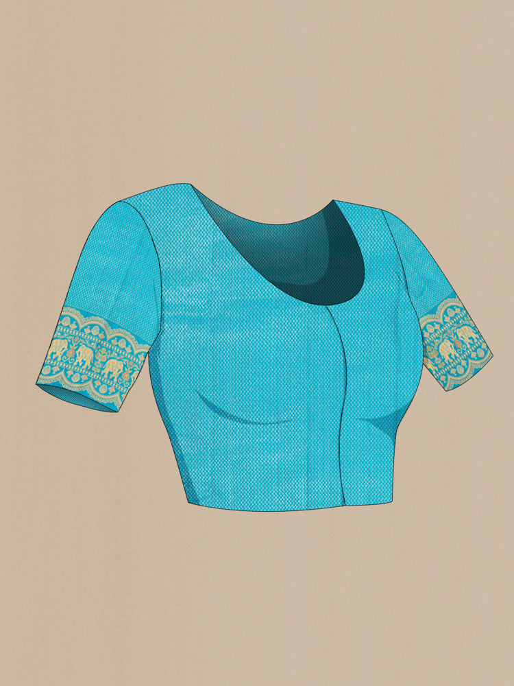 Close up image of the blouse of Mustard Kanjivaram Silk Saree with Zari Butta on the body and Silk Border. 