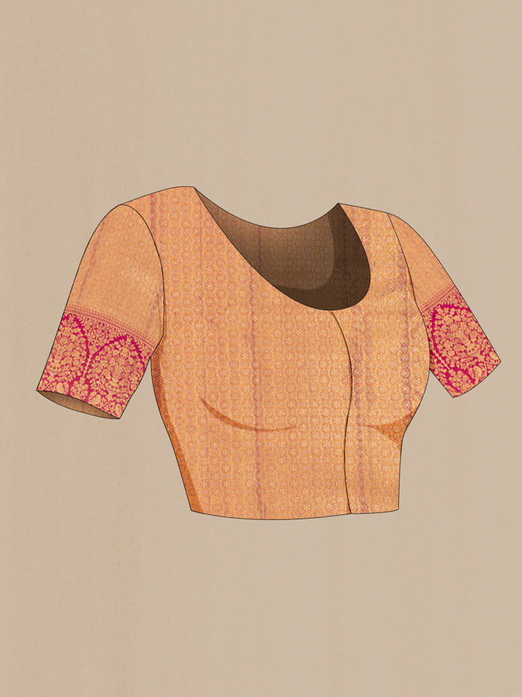 Close up image of the blouse of Golden Kanjivaram Silk Saree with Zari Butta on the body and Silk Border. 