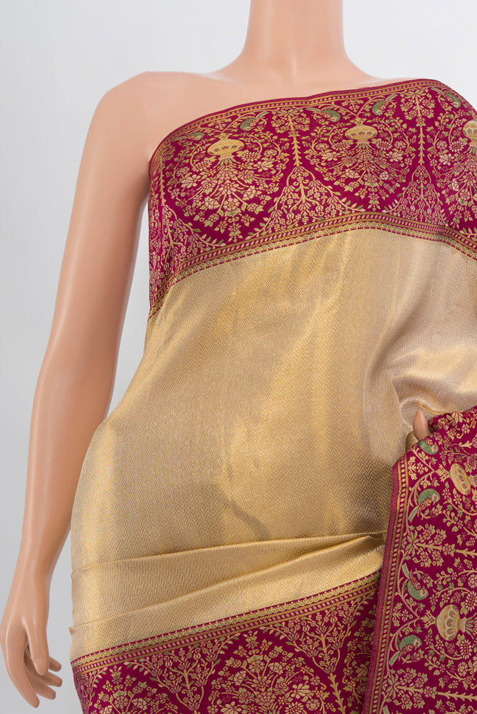 Border image of Golden Kanjivaram Silk Saree with Zari Butta on the body and Silk Border. 