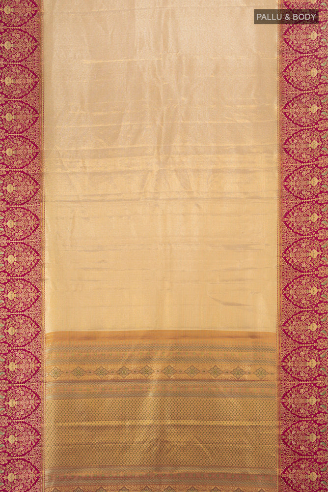 Flat view of Golden Kanjivaram Silk Saree with Zari Butta on the body and Silk Border. 