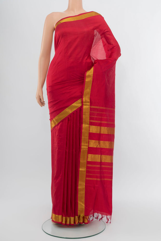 Maroon Kanjivaram Silk Nine Yards Saree with Zari Brocade on the body and Zari Border.  displayed on a mannequin