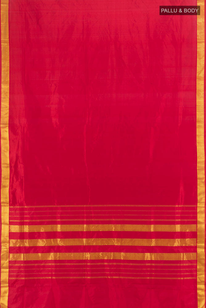 Flat view of Maroon Kanjivaram Silk Nine Yards Saree with Zari Brocade on the body and Zari Border. 