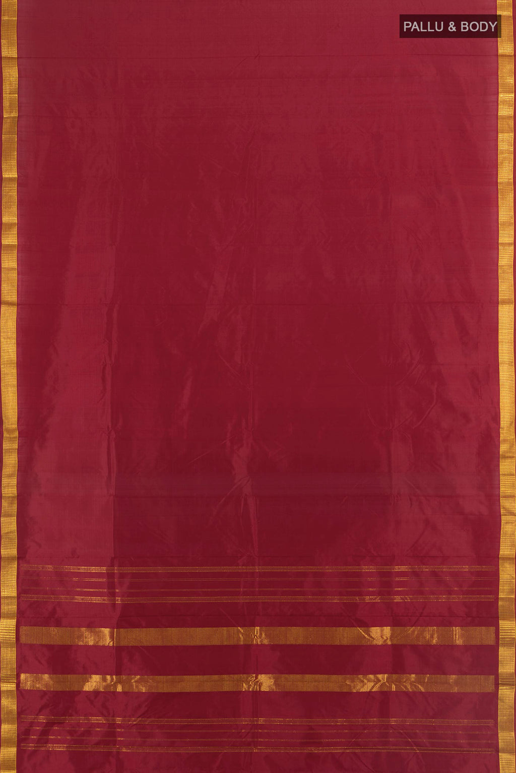 Flat view of Pure Silk Maroon Kanjivaram Saree with Plain Body and Zari Border. 