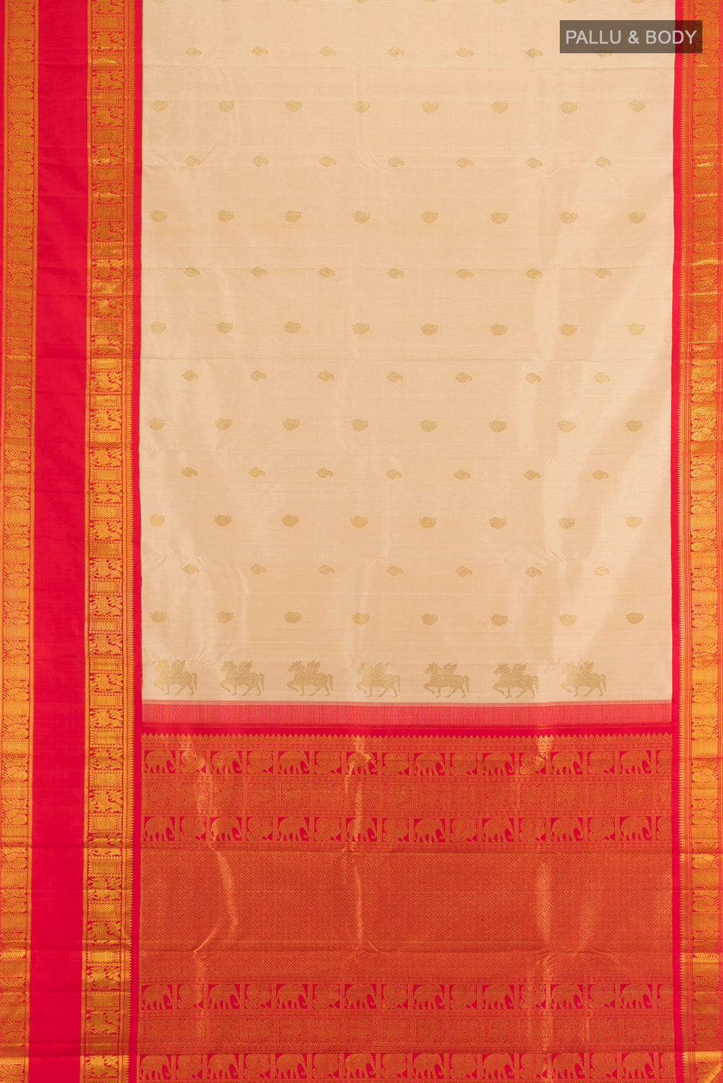 Flat view of Cream Kanchipuram Silk Saree with Zari Butta on the body and Zari Border. 