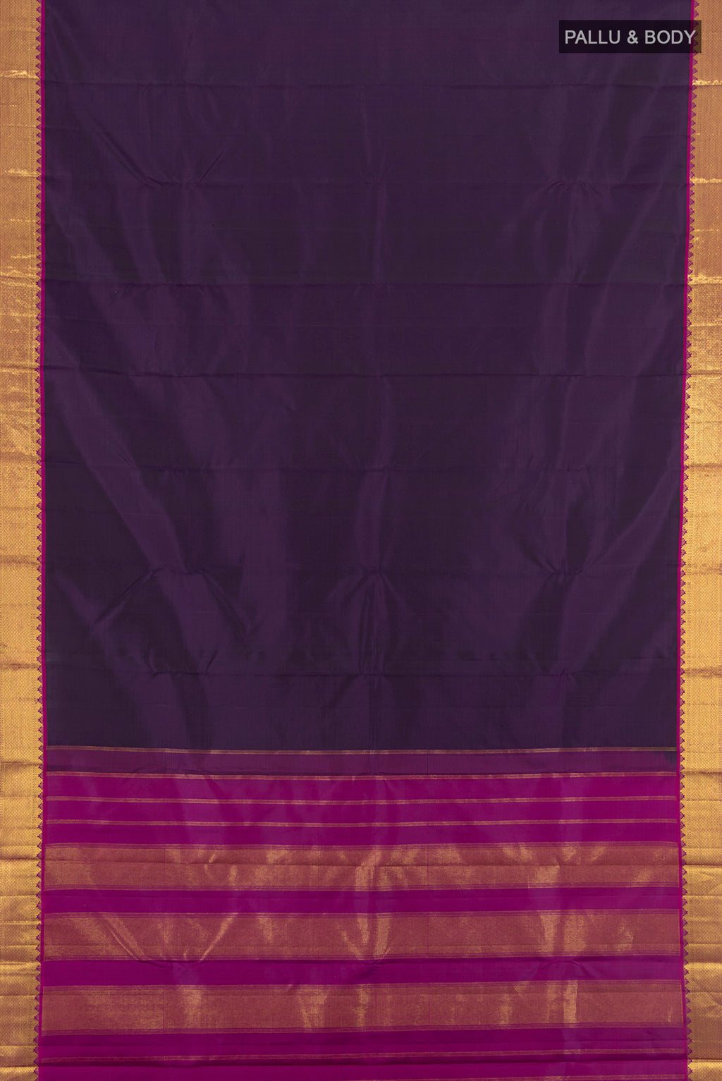Flat view of Navy Blue Kanchipuram Silk Saree with Plain Body and Zari Border. 
