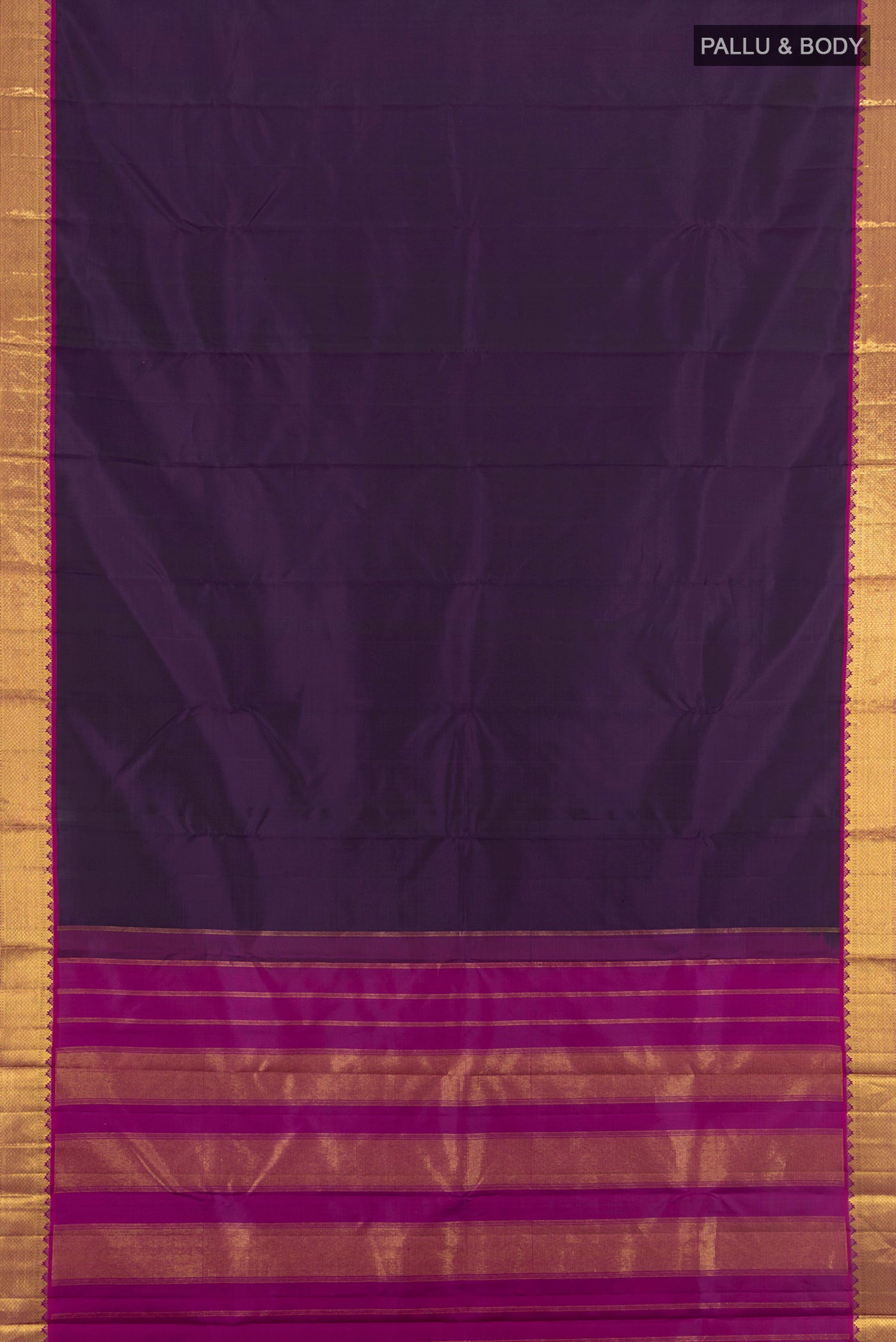 Flat view of Navy Blue Kanchipuram Silk Saree with Plain Body and Zari Border. 