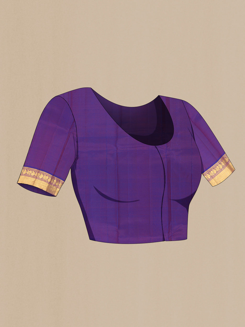 Close up image of the blouse of Orange Kanchipuram Silk Saree with Plain Body and Zari Border. 