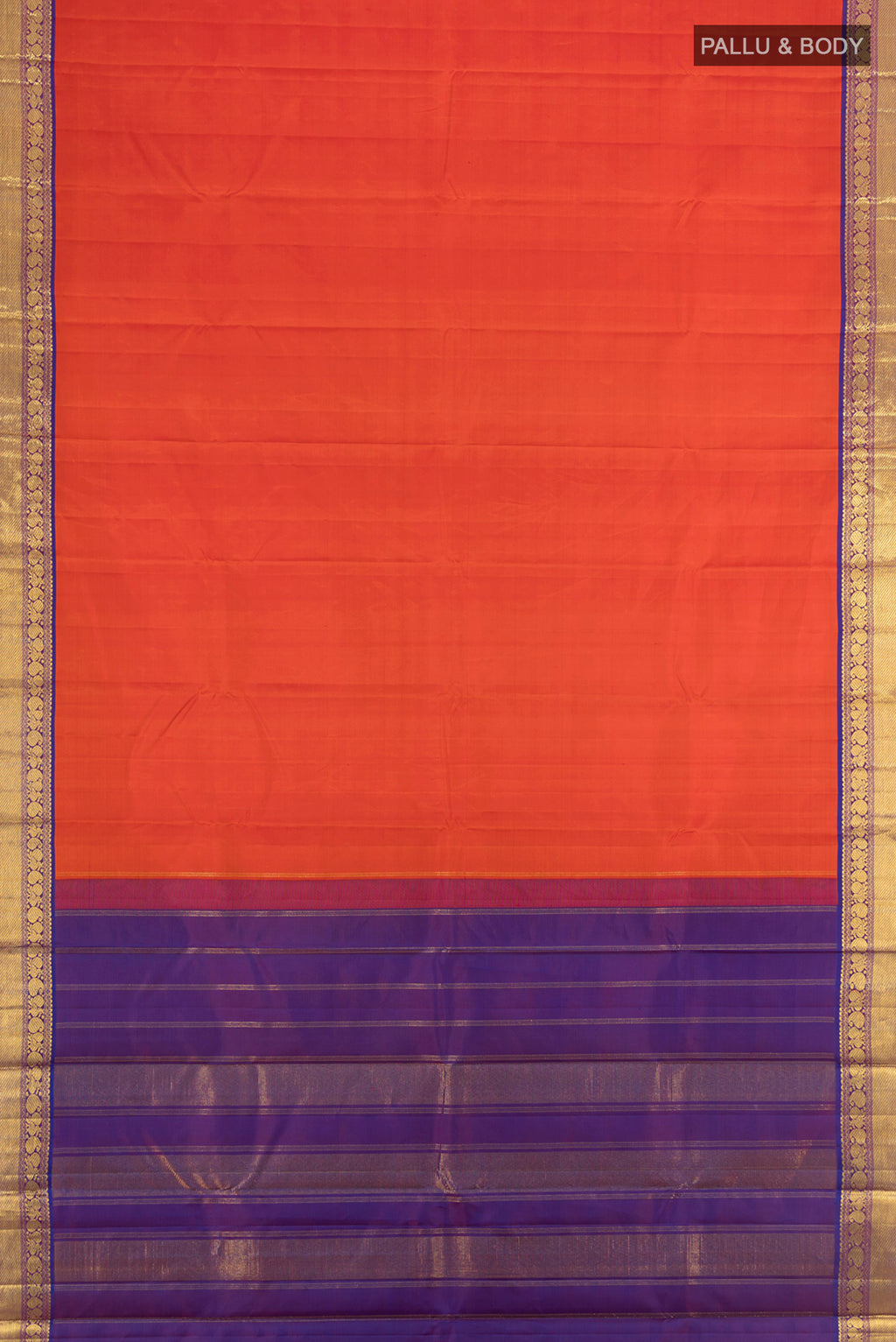 Flat view of Orange Kanchipuram Silk Saree with Plain Body and Zari Border. 