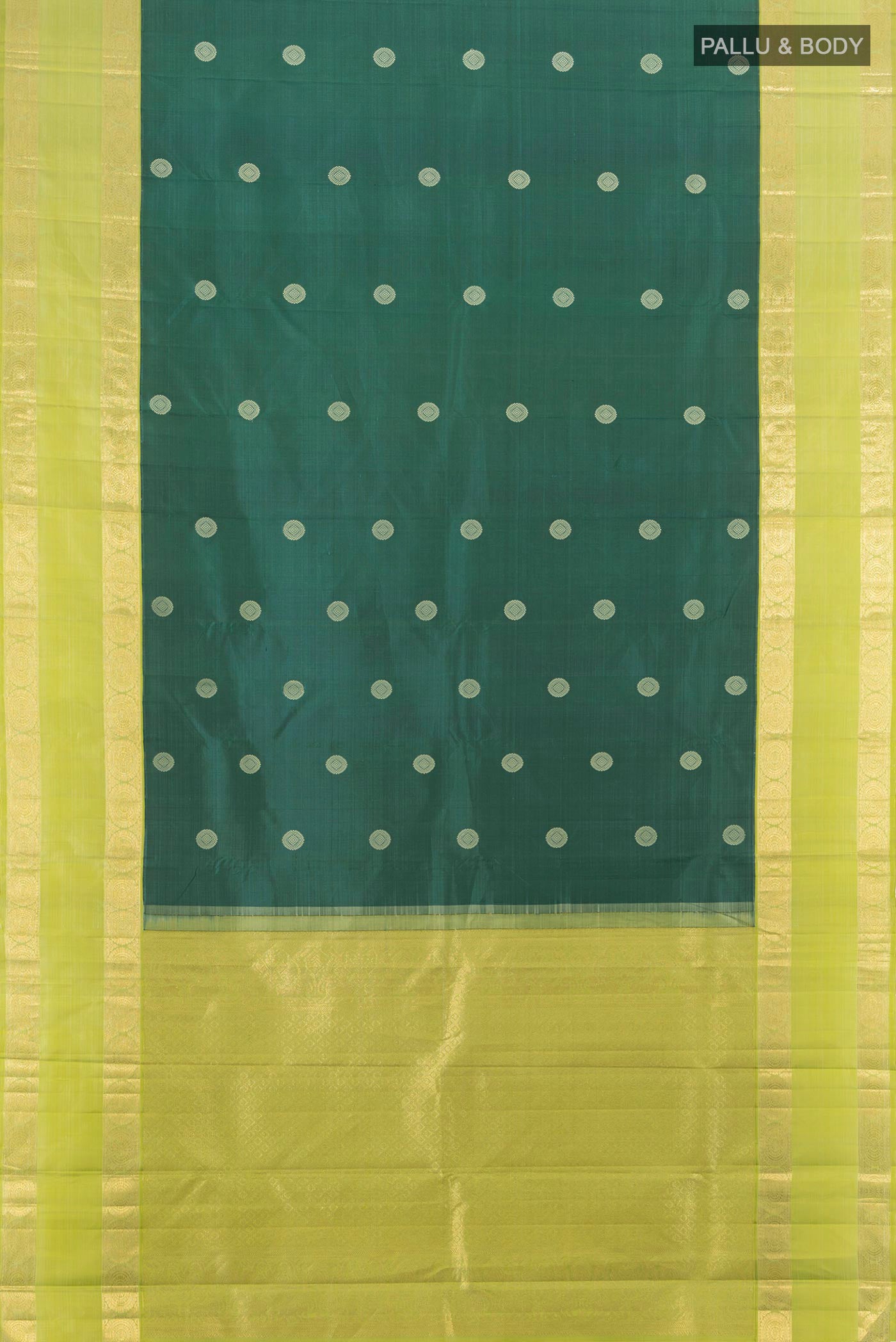 Flat view of Bottle Green Kanchipuram Silk Saree with Zari Butta on the body and Zari Border. 
